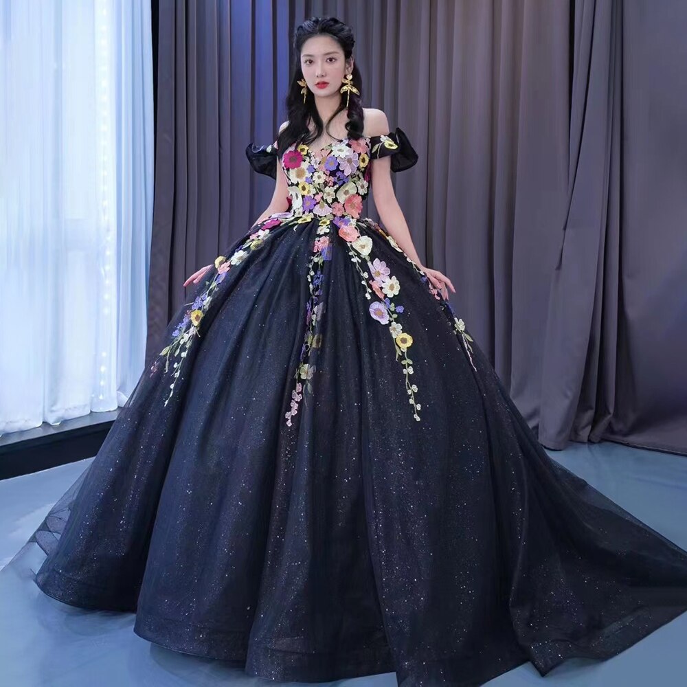 Vestido de novia negro sexy con hombros descubiertos, apliques de lujo y cordones, 2025, alta gama, hecho a medida, HM222240 
