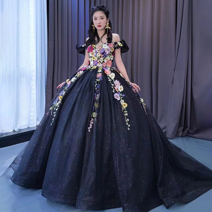 Vestido de novia negro sexy con hombros descubiertos, apliques de lujo y cordones, 2025, alta gama, hecho a medida, HM222240 