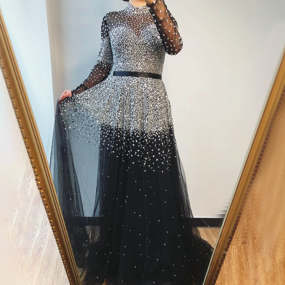 Schwarz Silber A-Linie High Neck Abendkleider Pailletten Lange Ärmel Sexy Formale 2025 Für Frauen Party LA70066 
