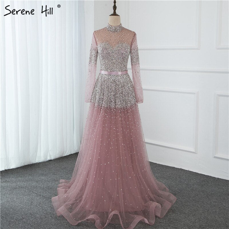 Schwarz Silber A-Linie High Neck Abendkleider Pailletten Lange Ärmel Sexy Formale 2025 Für Frauen Party LA70066 