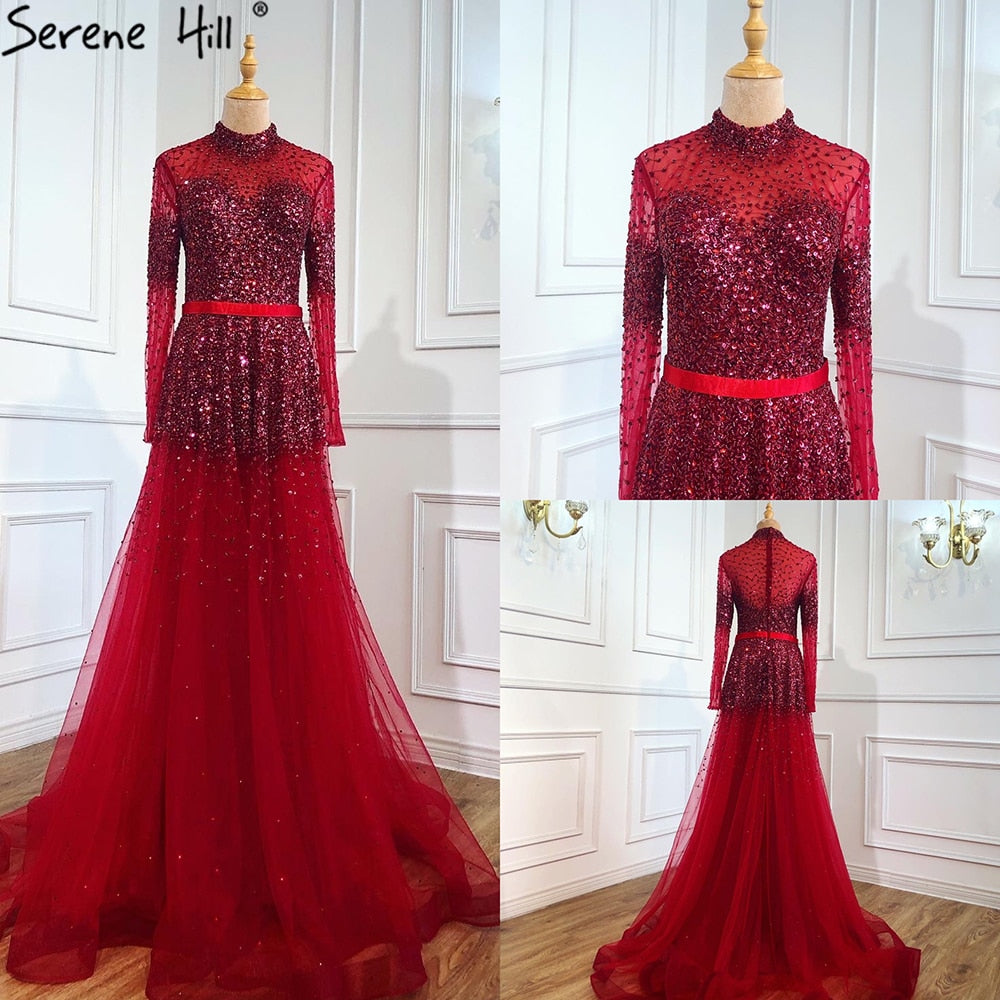 Schwarz Silber A-Linie High Neck Abendkleider Pailletten Lange Ärmel Sexy Formale 2025 Für Frauen Party LA70066 