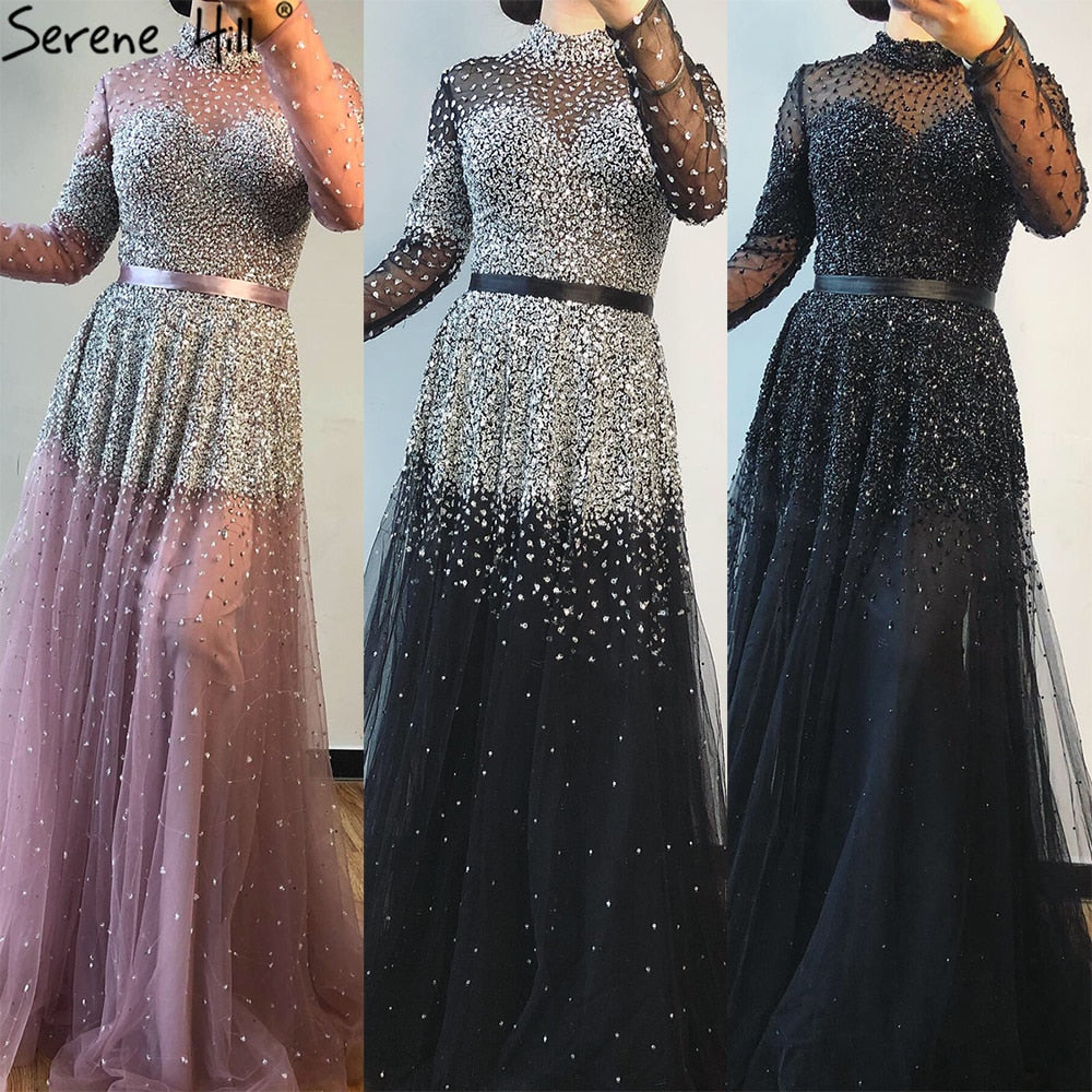 Schwarz Silber A-Linie High Neck Abendkleider Pailletten Lange Ärmel Sexy Formale 2025 Für Frauen Party LA70066 