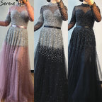 Schwarz Silber A-Linie High Neck Abendkleider Pailletten Lange Ärmel Sexy Formale 2025 Für Frauen Party LA70066 