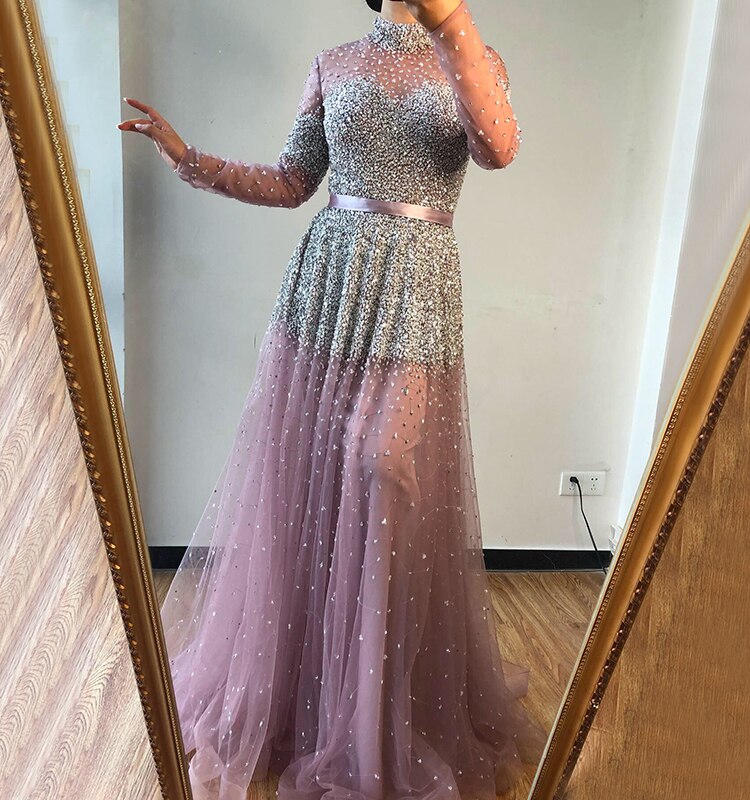 Schwarz Silber A-Linie High Neck Abendkleider Pailletten Lange Ärmel Sexy Formale 2025 Für Frauen Party LA70066 