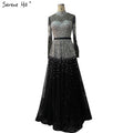 Schwarz Silber A-Linie High Neck Abendkleider Pailletten Lange Ärmel Sexy Formale 2025 Für Frauen Party LA70066 