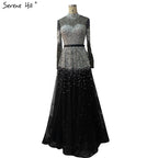 Schwarz Silber A-Linie High Neck Abendkleider Pailletten Lange Ärmel Sexy Formale 2025 Für Frauen Party LA70066 