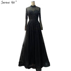 Schwarz Silber A-Linie High Neck Abendkleider Pailletten Lange Ärmel Sexy Formale 2025 Für Frauen Party LA70066 