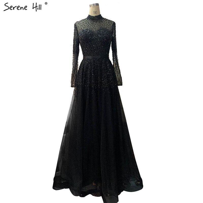 Black Silver A-Line High Neck Evening Dresses Sequined Long Sleeves Sexy Formal 2025 For Women Party LA70066