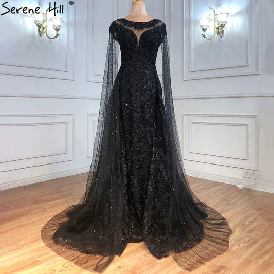 Vestido de noche elegante de sirena con mangas negras y encaje con cuentas, estilo capa, para mujer, fiesta, LA71173 