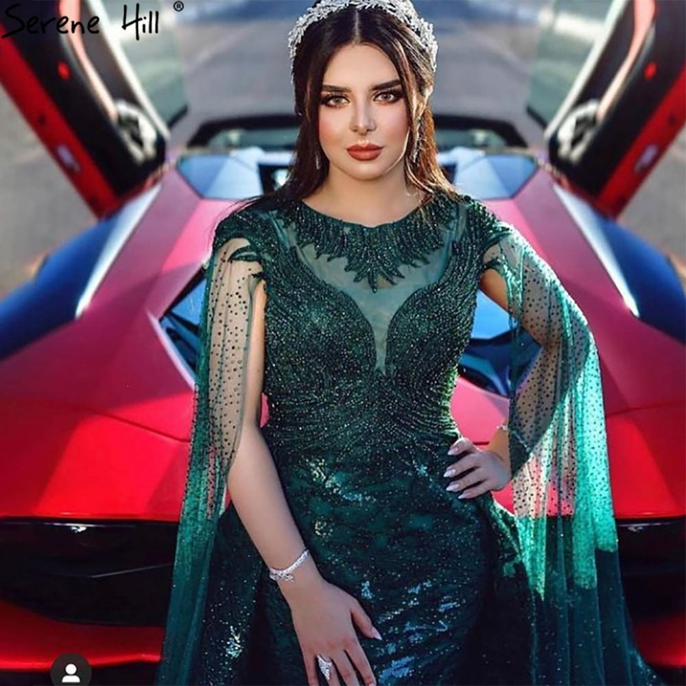 Vestido de noche elegante de sirena con mangas negras y encaje con cuentas, estilo capa, para mujer, fiesta, LA71173 