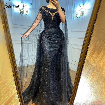 Vestido de noche elegante de sirena con mangas negras y encaje con cuentas, estilo capa, para mujer, fiesta, LA71173 