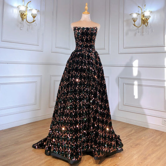 Schwarze trägerlose Abendkleider 2025 Pailletten Luxus A-Linie für Frauen Hochzeit Party LA71523 