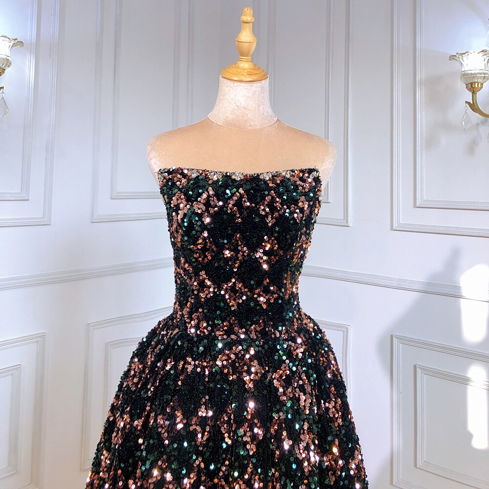 Schwarze trägerlose Abendkleider 2025 Pailletten Luxus A-Linie für Frauen Hochzeit Party LA71523 