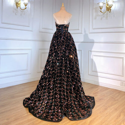 Schwarze trägerlose Abendkleider 2025 Pailletten Luxus A-Linie für Frauen Hochzeit Party LA71523 