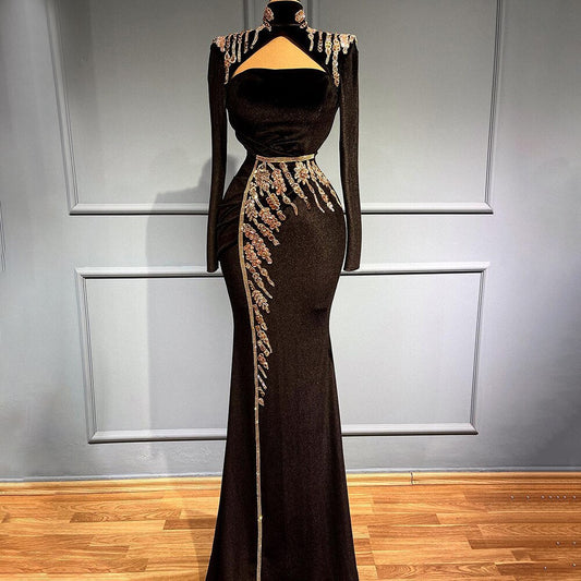 Schwarz Velours Meerjungfrau Abendkleider Kleider 2025 Elegante Luxus Perlen Für Frauen Party LA71545 