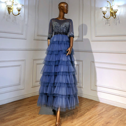 Vestido de fiesta de boda azul con gradas 2025 Kralen Half Mouwen A-lijn para fiesta de boda LA71553 