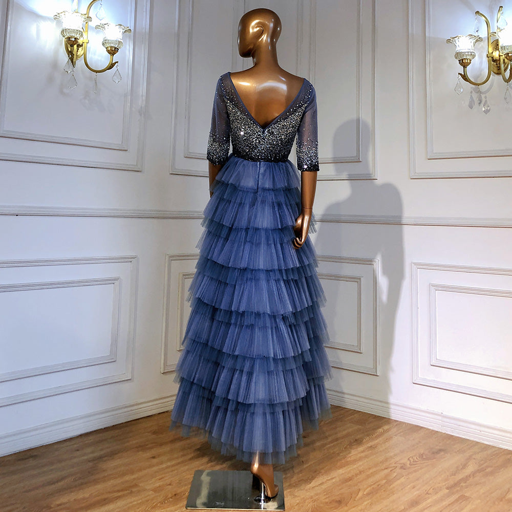 Blauer Tiered Rok Avond Jurken 2025 Kralen Half Mouwen A-line für Women Wedding Party LA71553 