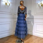 Blauer Tiered Rok Avond Jurken 2025 Kralen Half Mouwen A-line für Women Wedding Party LA71553 