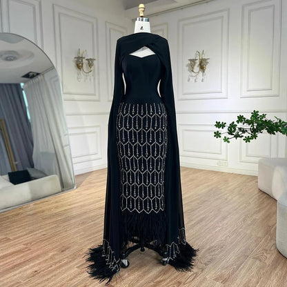 Vestido de noche árabe de sirena negro brillante con capa de plumas, vestidos formales para fiesta de graduación, vestidos de boda LA72410 