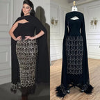 Vestido de noche árabe de sirena negro brillante con capa de plumas, vestidos formales para fiesta de graduación, vestidos de boda LA72410 