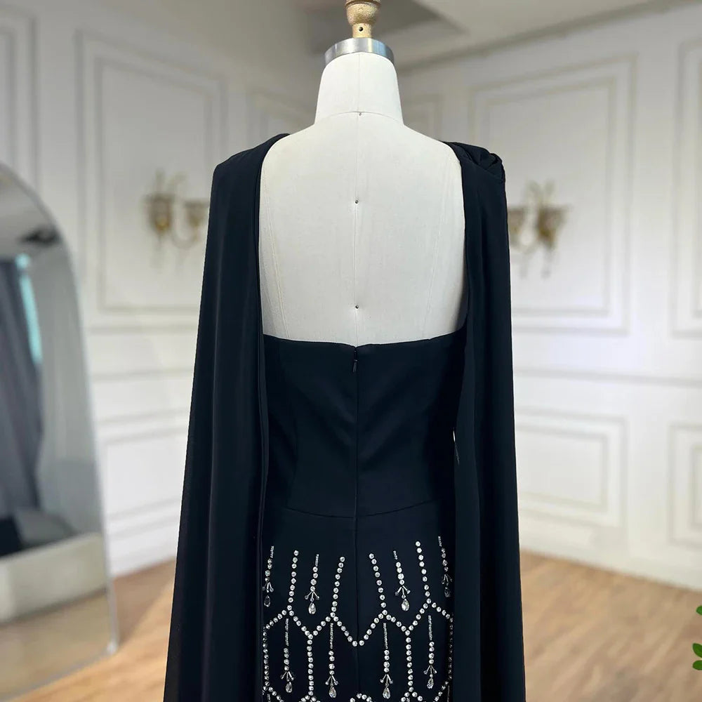 Vestido de noche árabe de sirena negro brillante con capa de plumas, vestidos formales para fiesta de graduación, vestidos de boda LA72410 