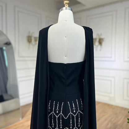 Vestido de noche árabe de sirena negro brillante con capa de plumas, vestidos formales para fiesta de graduación, vestidos de boda LA72410 