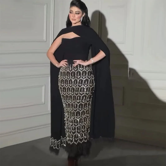 Vestido de noche árabe de sirena negro brillante con capa de plumas, vestidos formales para fiesta de graduación, vestidos de boda LA72410 