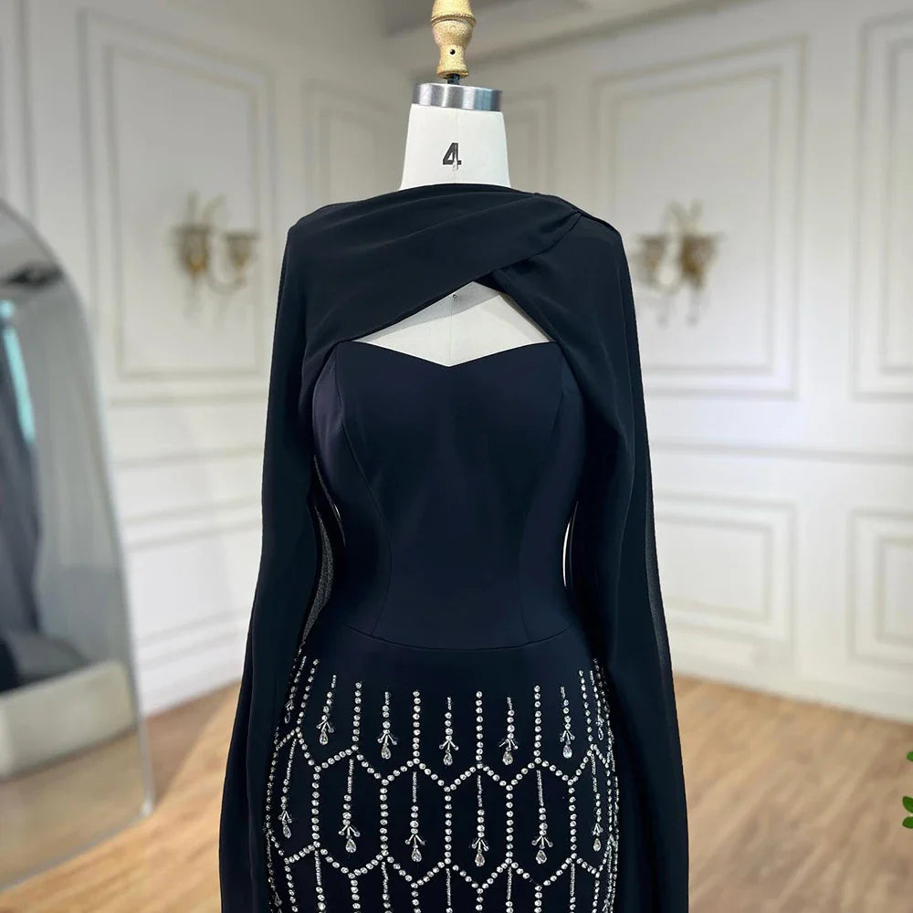 Vestido de noche árabe de sirena negro brillante con capa de plumas, vestidos formales para fiesta de graduación, vestidos de boda LA72410 