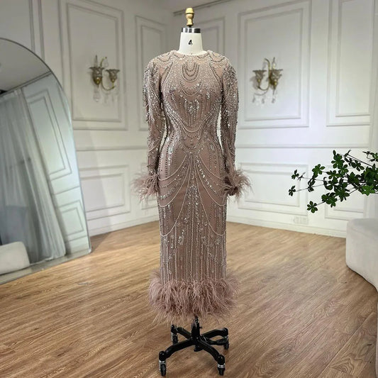 Vestido de noche árabe estilo sirena con brillantes colores caramelo, plumas y perlas, para graduación, boda, LA72482 