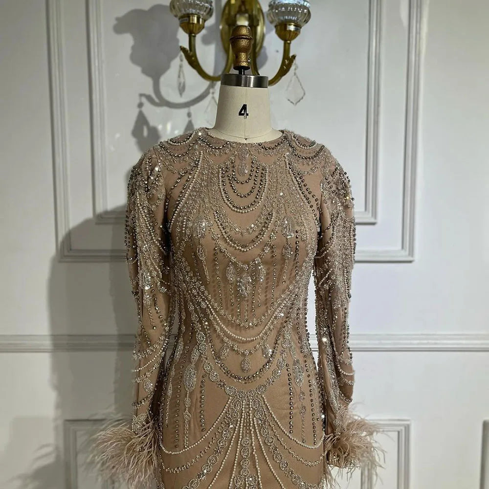 Vestido de noche árabe estilo sirena con brillantes colores caramelo, plumas y perlas, para graduación, boda, LA72482 