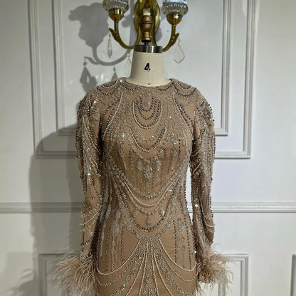 Vestido de noche árabe estilo sirena con brillantes colores caramelo, plumas y perlas, para graduación, boda, LA72482 
