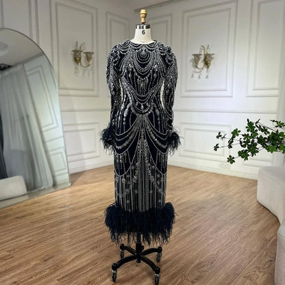 Vestido de noche árabe estilo sirena con brillantes colores caramelo, plumas y perlas, para graduación, boda, LA72482 