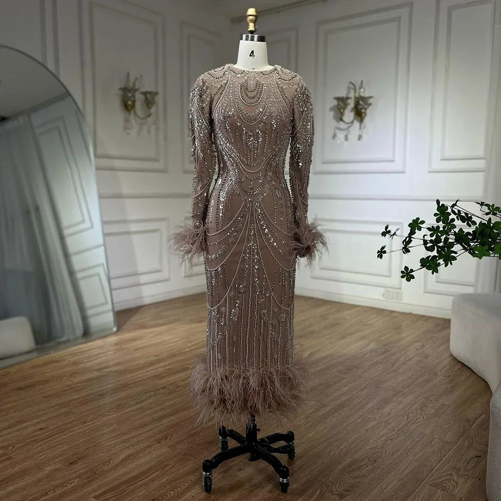 Vestido de noche árabe estilo sirena con brillantes colores caramelo, plumas y perlas, para graduación, boda, LA72482 