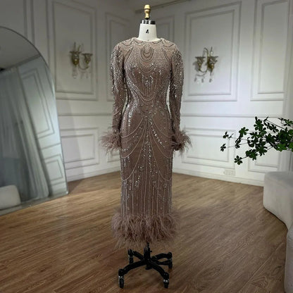 Vestido de noche árabe estilo sirena con brillantes colores caramelo, plumas y perlas, para graduación, boda, LA72482 