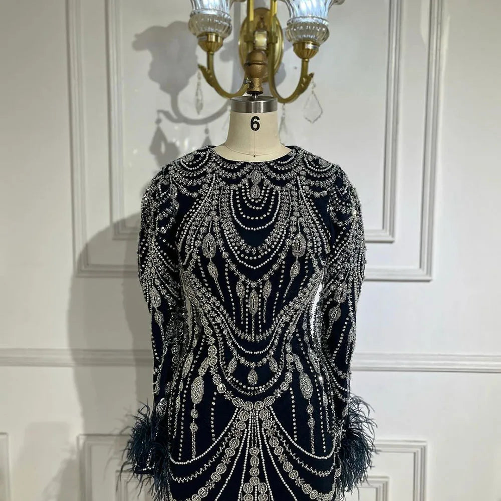 Vestido de noche árabe estilo sirena con brillantes colores caramelo, plumas y perlas, para graduación, boda, LA72482 