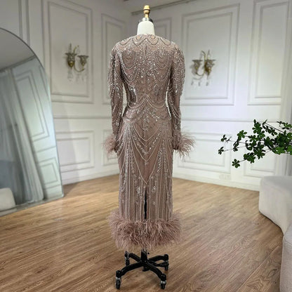 Vestido de noche árabe estilo sirena con brillantes colores caramelo, plumas y perlas, para graduación, boda, LA72482 
