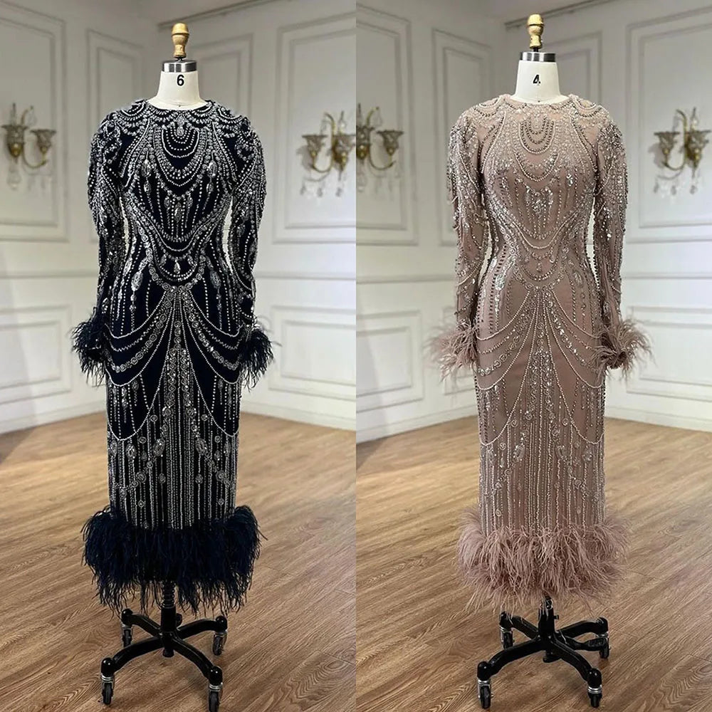 Vestido de noche árabe estilo sirena con brillantes colores caramelo, plumas y perlas, para graduación, boda, LA72482 