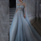 Blue A-Line Arabic Cape Sleeves O-Neck Bow Beaded Luxury Evening Dresses Gowns 2025 For Women Party LA71831