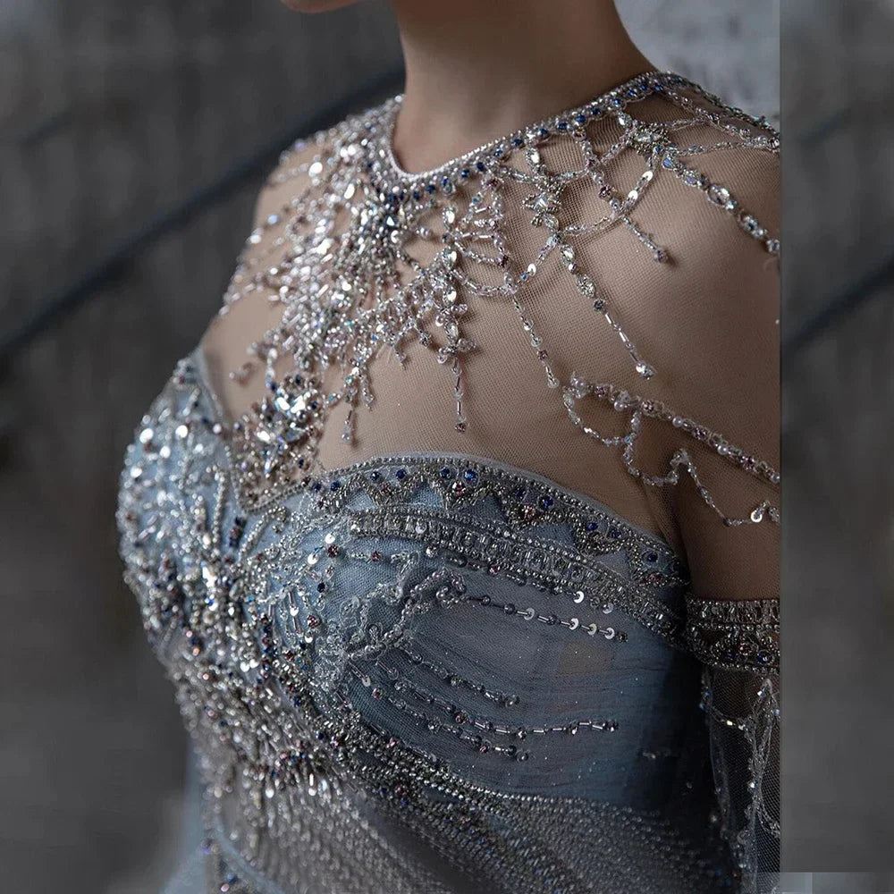 Blue A-Line Arabic Cape Sleeves O-Neck Bow Beaded Luxury Evening Dresses Gowns 2025 For Women Party LA71831