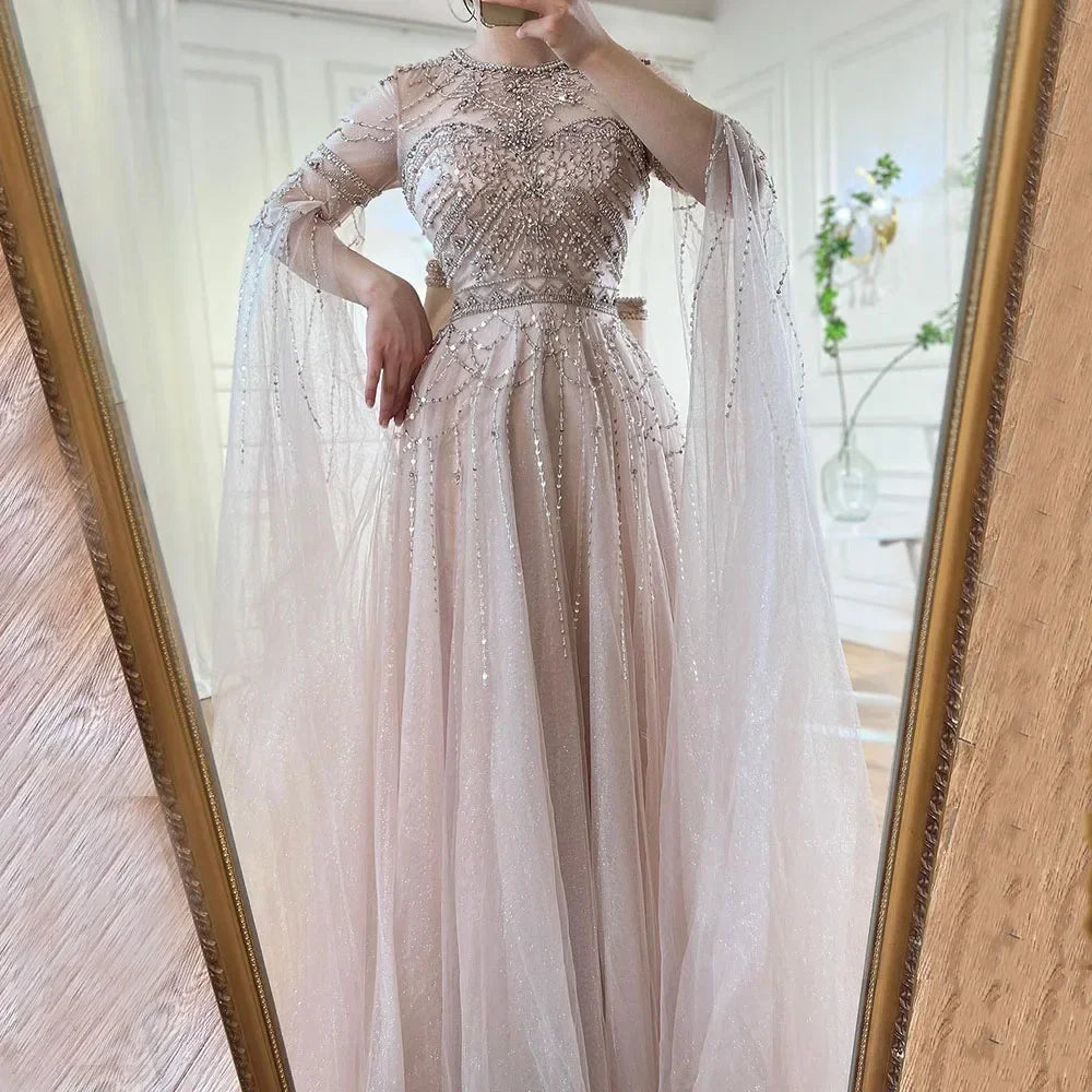 Blue A-Line Arabic Cape Sleeves O-Neck Bow Beaded Luxury Evening Dresses Gowns 2025 For Women Party LA71831