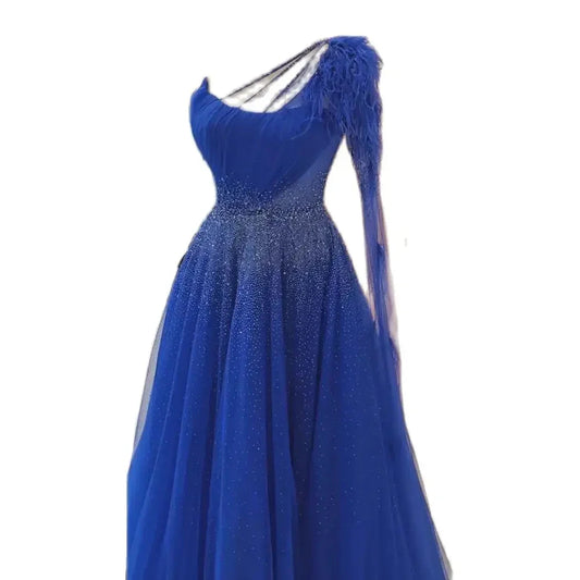 Elegante vestido de noche azul de corte A con un solo hombro, de lujo, con plumas y cuentas, para mujer, ideal para bodas y fiestas 2025 LA72257 