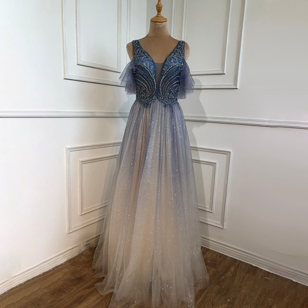 En oferta, sin devolución ni reembolso, vestido de noche azul de corte A, sexy, con cuentas, de lujo, para mujer, para fiesta de boda, LA70775