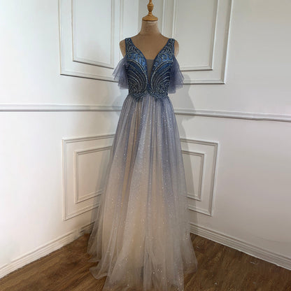 On Sale No Return No Refund Blue A-Line Sexy Evening Dresses Gowns 2025  Beaded Luxury For Women Wedding Party LA70775