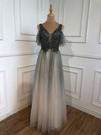 En oferta, sin devolución ni reembolso, vestido de noche azul de corte A, sexy, con cuentas, de lujo, para mujer, para fiesta de boda, LA70775
