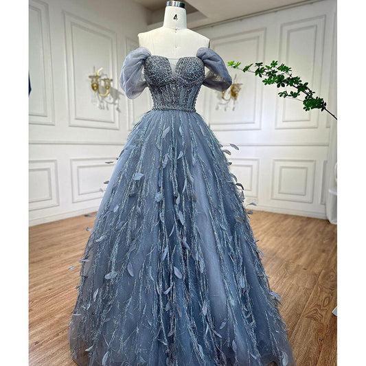 Vestido de noche azul de lujo, corte A, sexy, con hombros descubiertos, cuentas y plumas, ideal para bodas y fiestas 2025 LA72120 
