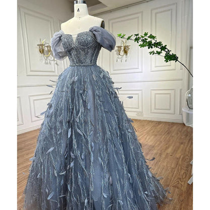 Vestido de noche azul de lujo, corte A, sexy, con hombros descubiertos, cuentas y plumas, ideal para bodas y fiestas 2025 LA72120 