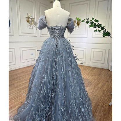 Vestido de noche azul de lujo, corte A, sexy, con hombros descubiertos, cuentas y plumas, ideal para bodas y fiestas 2025 LA72120 