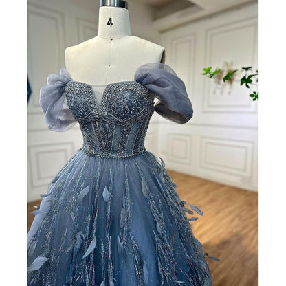Vestido de noche azul de lujo, corte A, sexy, con hombros descubiertos, cuentas y plumas, ideal para bodas y fiestas 2025 LA72120 