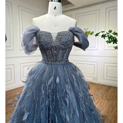 Vestido de noche azul de lujo, corte A, sexy, con hombros descubiertos, cuentas y plumas, ideal para bodas y fiestas 2025 LA72120 