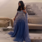 Blau A-Linie Sexy Schulterfrei Cape-Ärmel Perlen Luxus Abendkleider Kleider Für Frauen Arabisch Party 2025 LA71836 